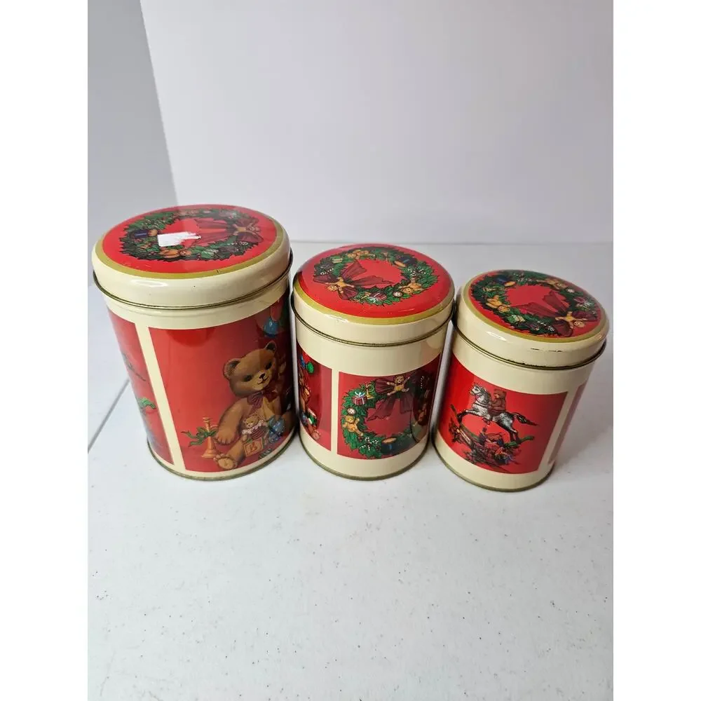Vintage Christmas Teddy Bear nesting tins set of 3 holiday cookie canisters